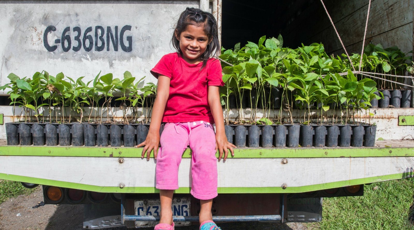 Little girl sitting in front of seedlings. How our business took more steps to being sustainable this season