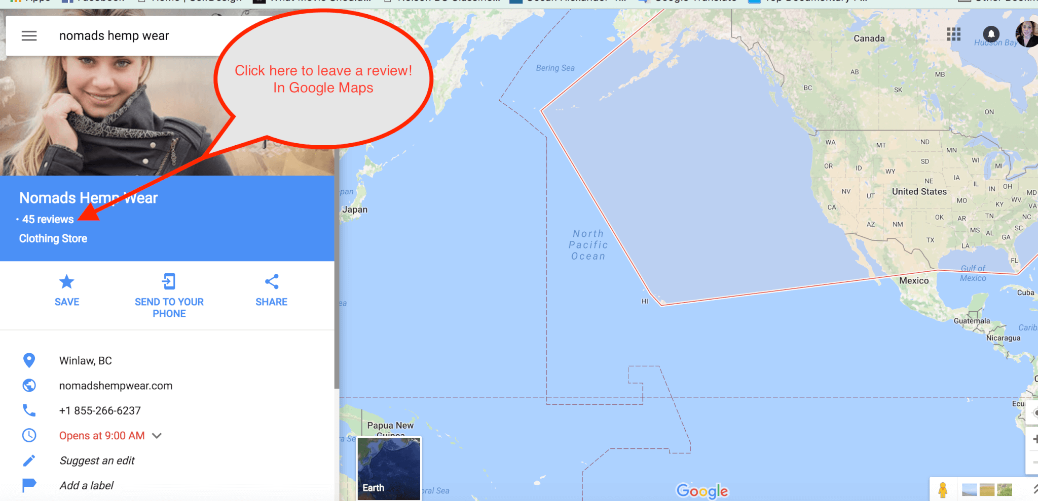 Google Maps Screen shot instructions for leaving a review for Nomads Hemp Wear