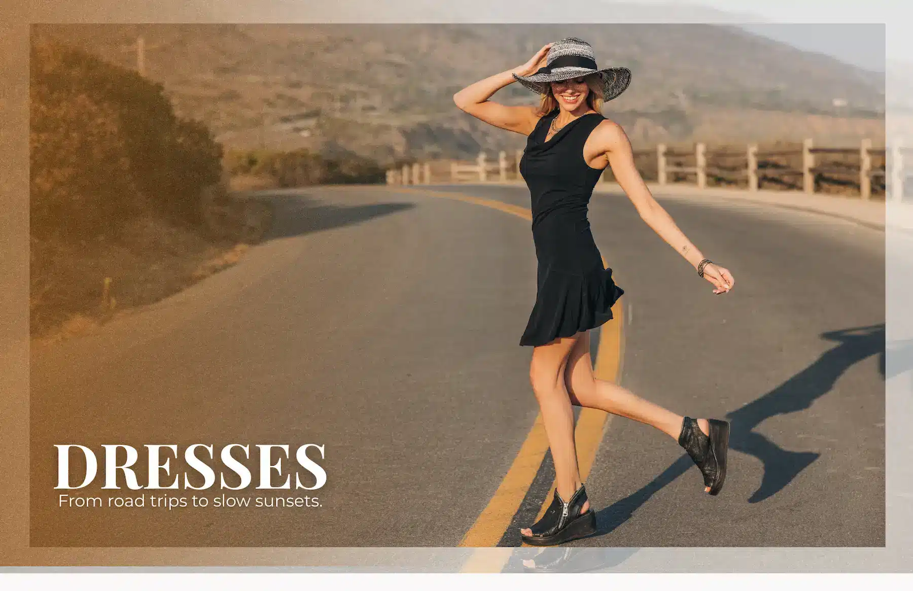 Woman crossing the street in a sundress. From road trips to slow sunsets.