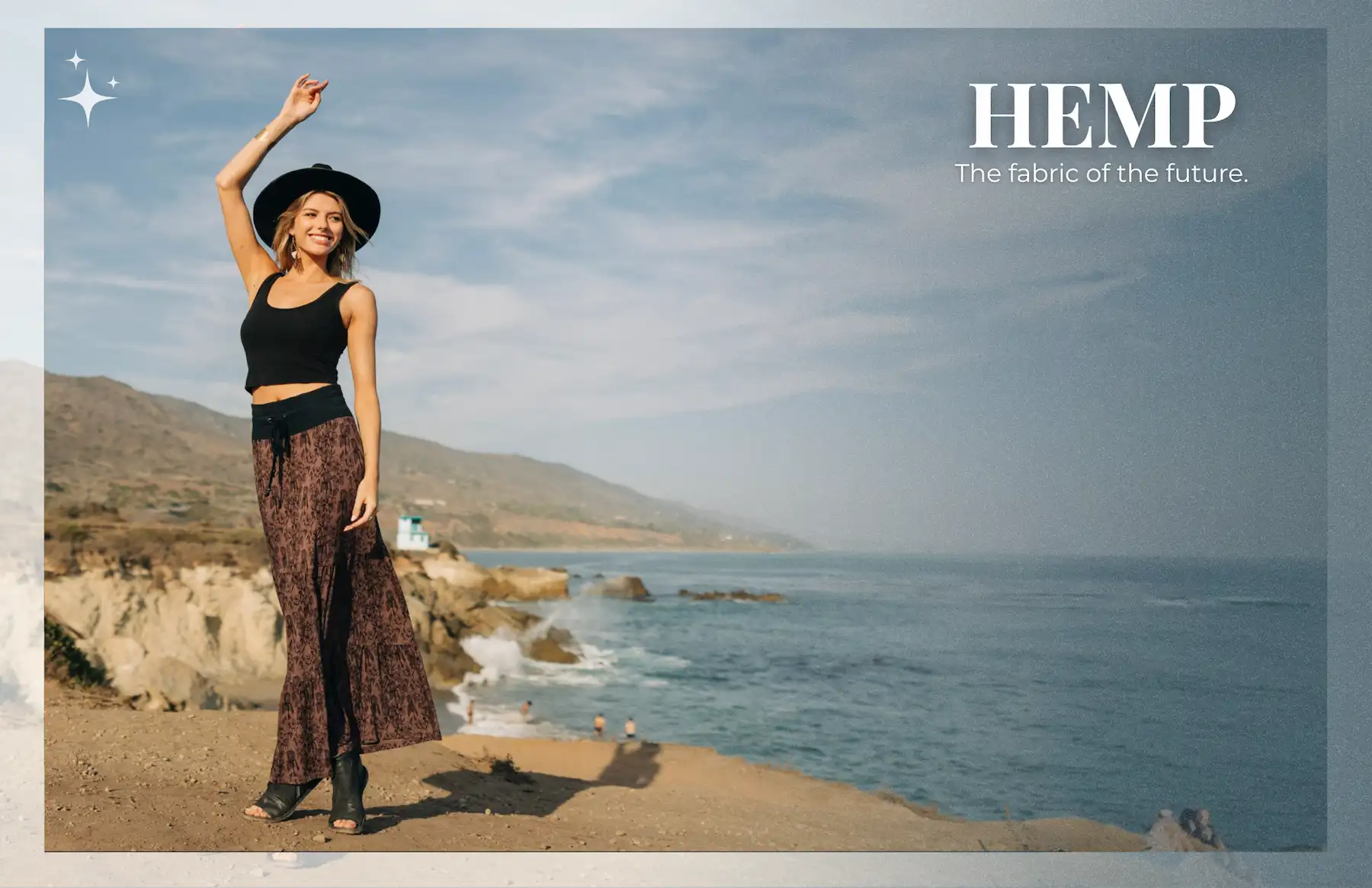 Woman standing on a cliff wearing hemp The fabric of the future.